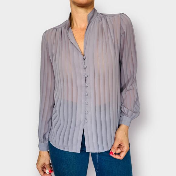 Vintage 80s‎ Gray Stripe Blouse - Picture 4 of 7